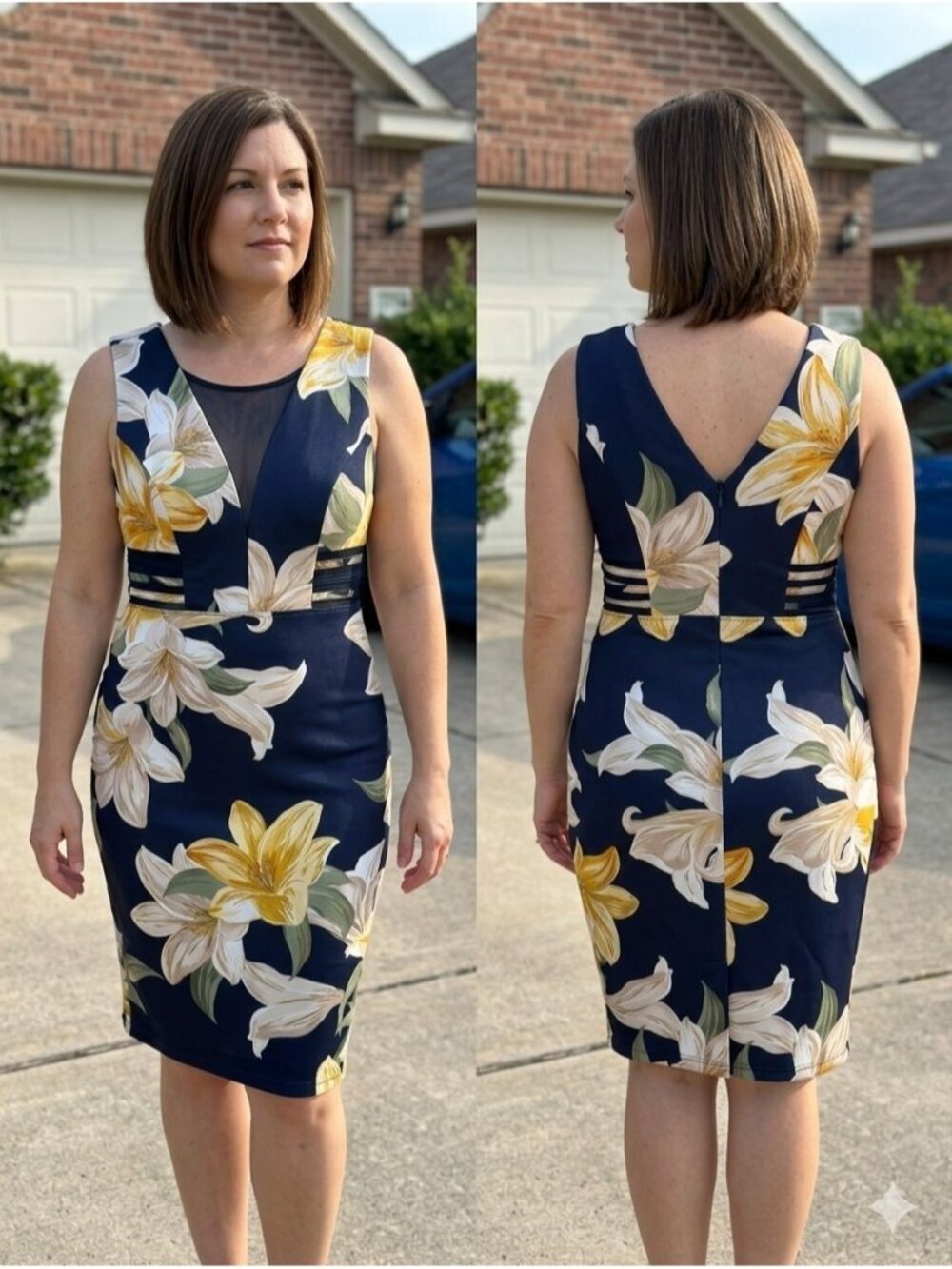 Enfocus Studio Floral Sheath Dress Navy Blue Yellow Lily Mesh Waist Midi Size 6